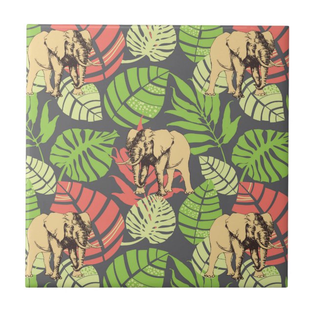 Exotic Jungle Leaves And Elephants Ceramic Tile (Front)
