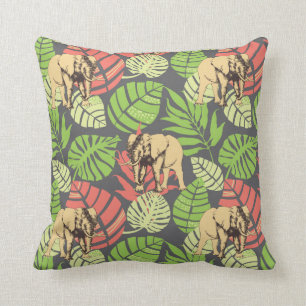 Exotic Jungle Leaves And Elephants Cushion