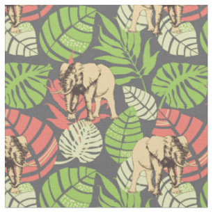 Exotic Jungle Leaves And Elephants Fabric