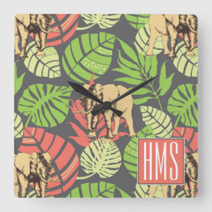 Exotic Jungle Leaves And Elephants   Monogram Square Wall Clock