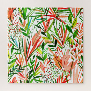 Exotic leaves, flowers, watercolor rainforest patt jigsaw puzzle