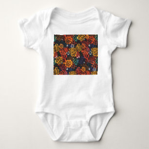 Exotic leaves on denim, seamless print. baby bodysuit