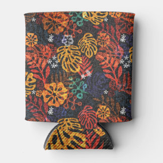 Exotic leaves on denim, seamless print. can cooler