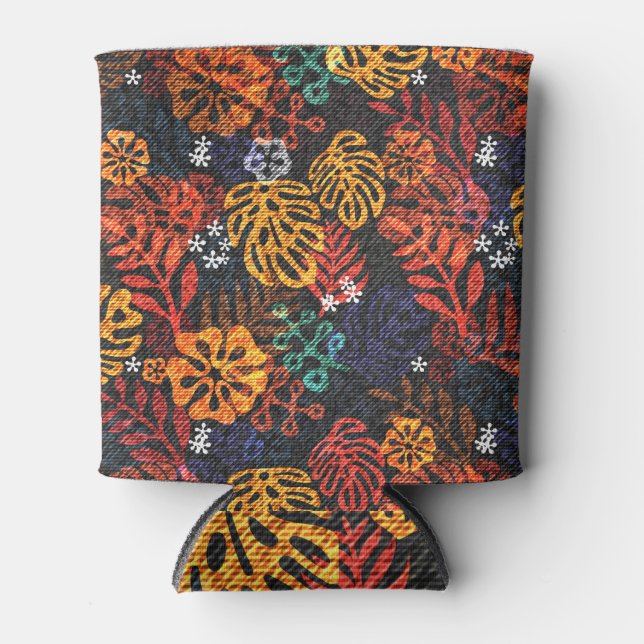 Exotic leaves on denim, seamless print. can cooler (Front)