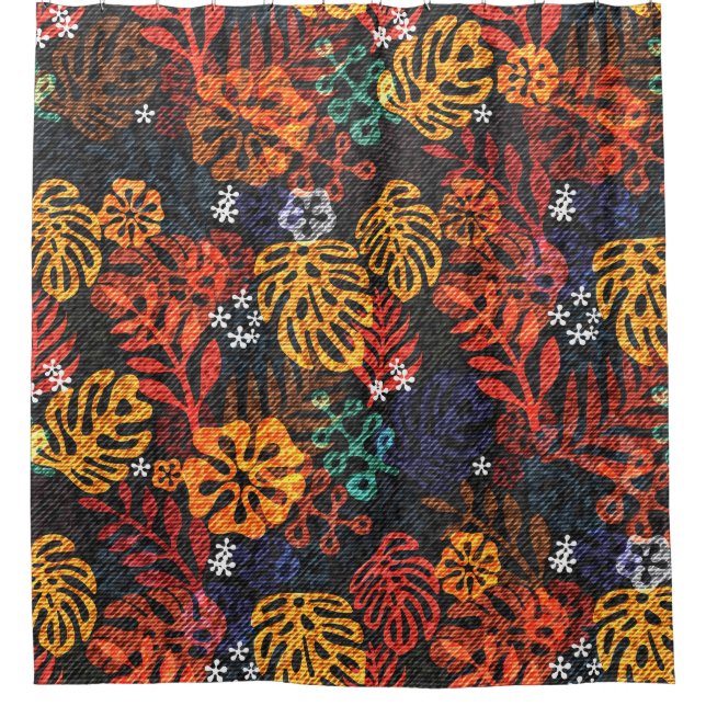 Exotic leaves on denim, seamless print. shower curtain (Front)