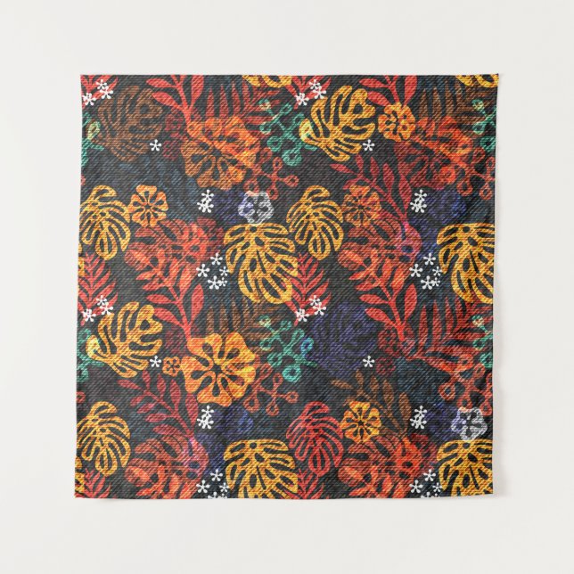 Exotic leaves on denim, seamless print. tapestry (Front)