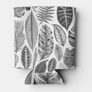 Exotic leaves, vintage floral black and white. can cooler