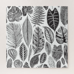 Exotic leaves, vintage floral black and white. jigsaw puzzle