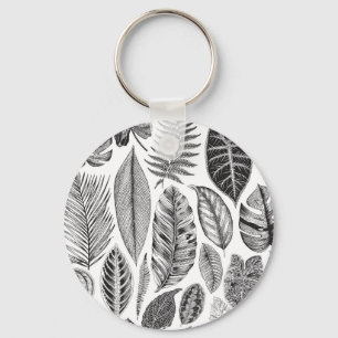 Exotic leaves, vintage floral black and white. key ring