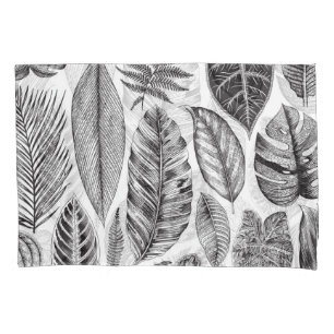 Exotic leaves, vintage floral black and white. pillowcase