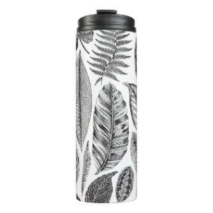 Exotic leaves, vintage floral black and white. thermal tumbler