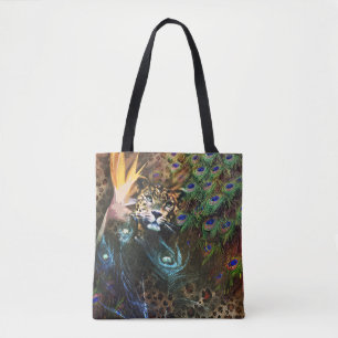 Exotic Leopard and Peacock Feather Safari Tote Bag