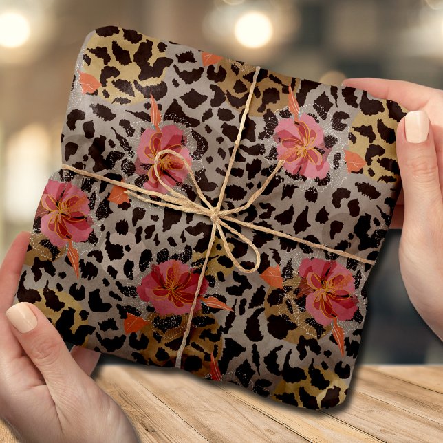 Exotic Leopard Animal Print and Pink Flowers Tissue Paper (Creator Uploaded)