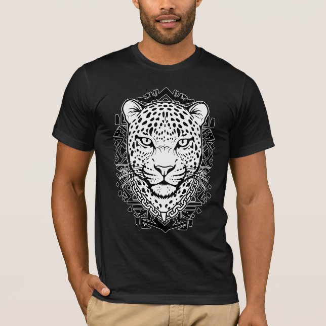 Exotic Leopard Head Line Art Black and White T-Shirt (Front)