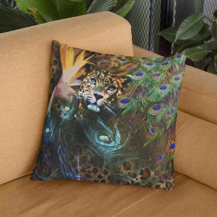 Exotic Leopard Peacock Feathers Floral Cushion