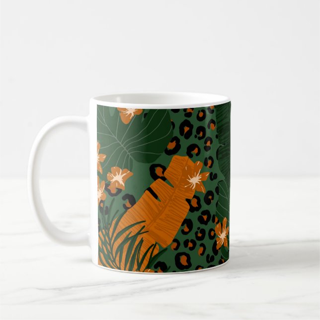 Exotic Leopard Tropical Leaves Pattern Coffee Mug (Left)