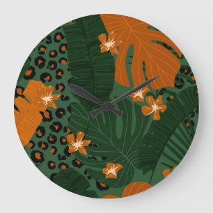 Exotic Leopard Tropical Leaves Pattern Large Clock
