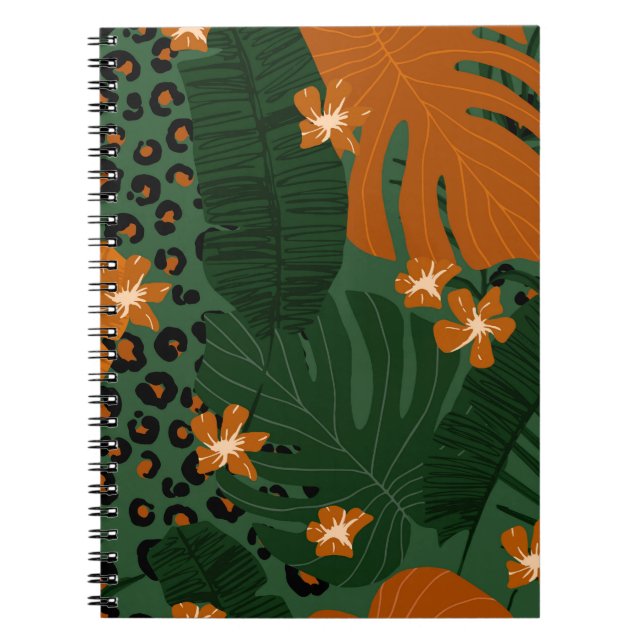 Exotic Leopard Tropical Leaves Pattern Notebook (Front)