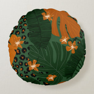 Exotic Leopard Tropical Leaves Pattern Round Cushion