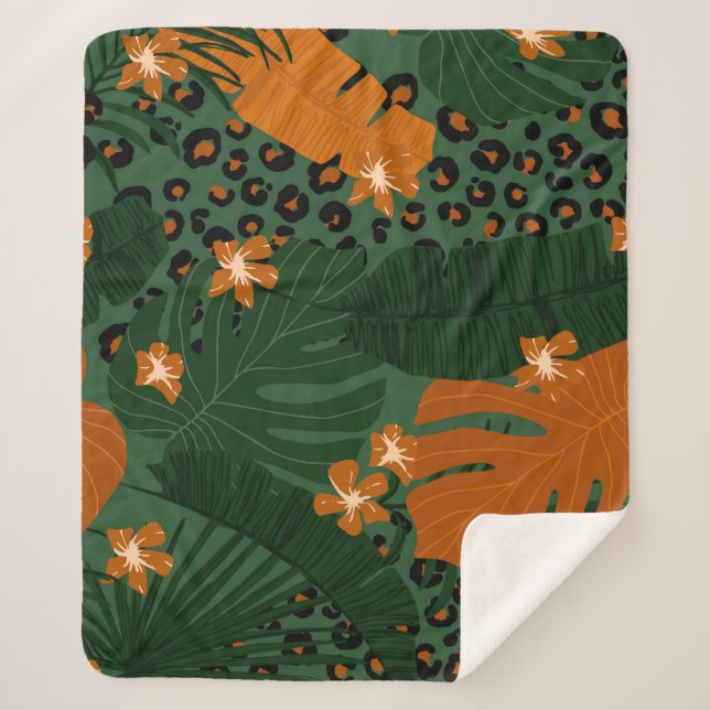 Exotic Leopard Tropical Leaves Pattern Sherpa Blanket (Front)