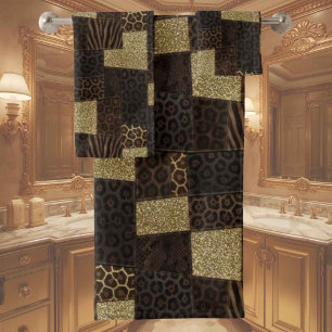 Exotic Luxury Gold + Brown Animal Print Bath Towel Set