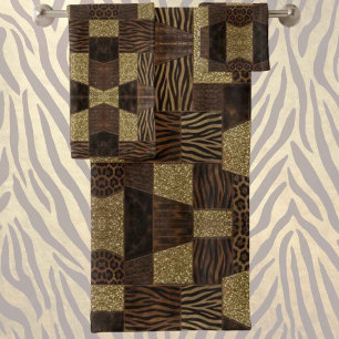 Exotic Luxury Gold + Brown Animal Print Bath Towel Set