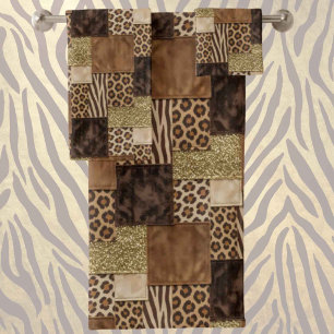 Exotic Luxury Gold + Brown Animal Print Bath Towel Set