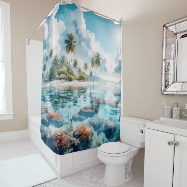 Exotic Maldives Ocean Reef All shades blue white Shower Curtain (In Situ)