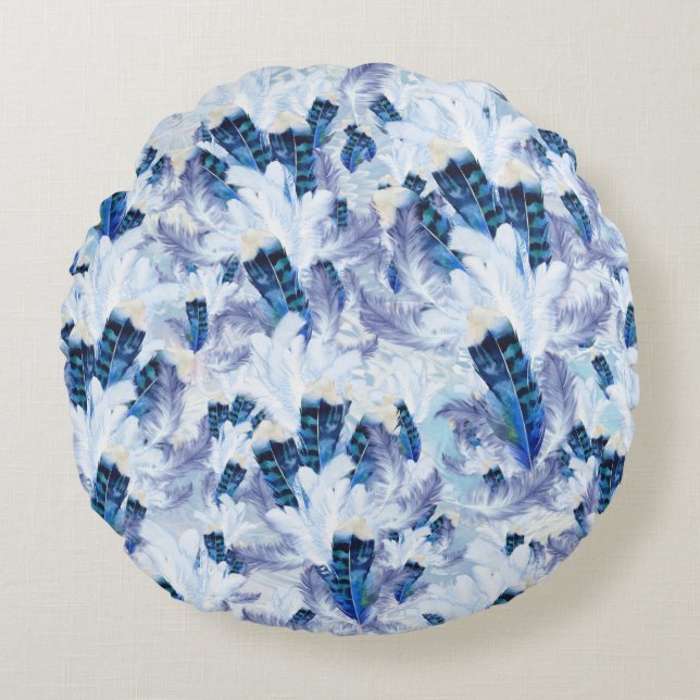 Exotic Mix Blue Bird feather Print Round Cushion (Front)