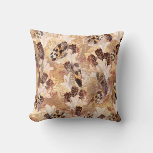 Exotic Mix Brown Tones Bird feather Print Cushion (Front)