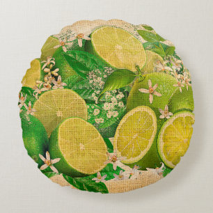 Exotic Musk Limes & Basil from Bangkok (Cretonne) Round Cushion