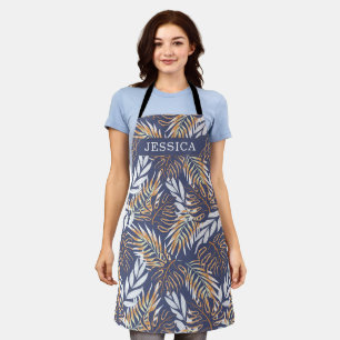 Exotic Navy and Gold Tropical Leaves Foliage Apron