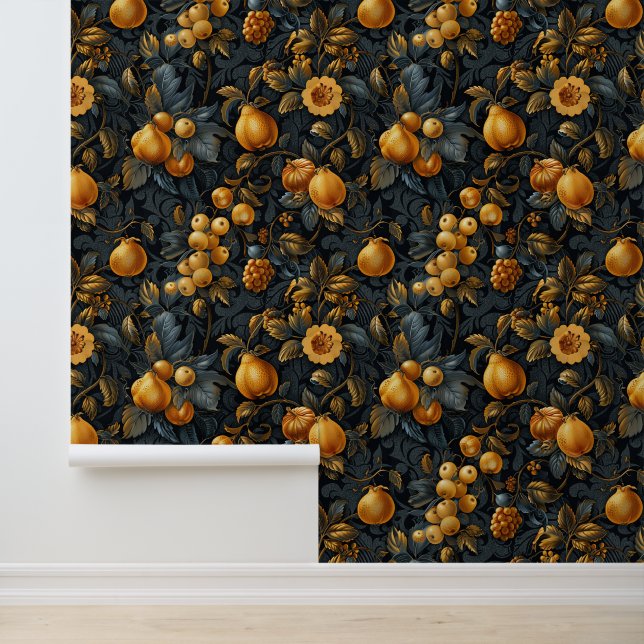 Exotic orange fruits & leaves luxury dark colour wallpaper (Application)