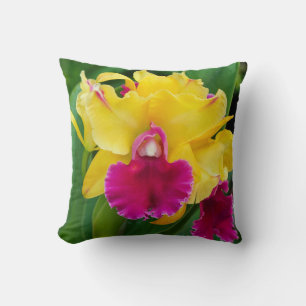 Exotic orchid in yellow and hot pink colours cushion