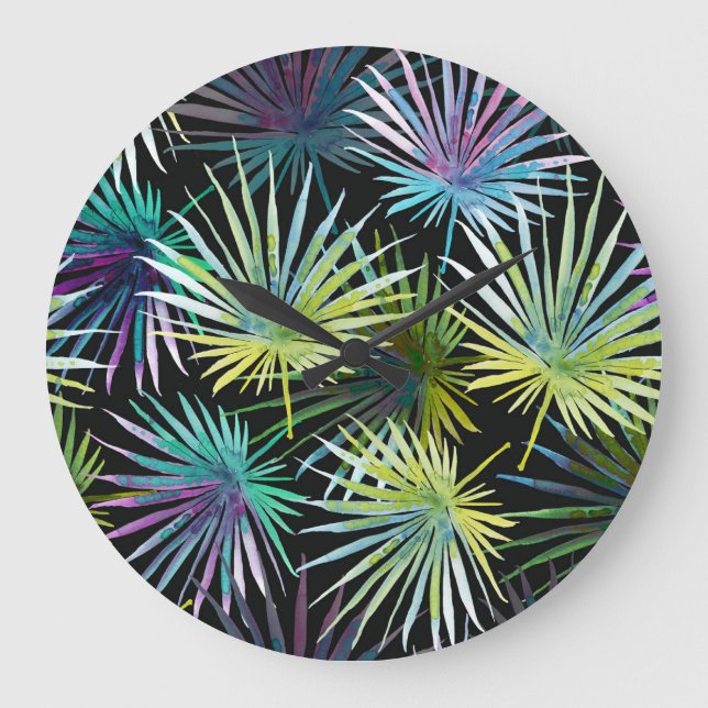 Exotic Palm Leaves Watercolor Large Clock (Front)