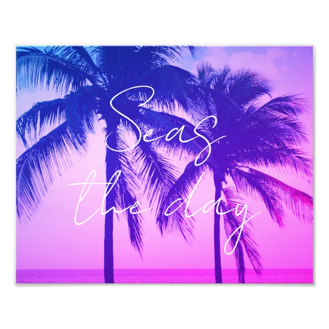 Exotic palm tree silhouette hot neon pink sunset photo print (Front)