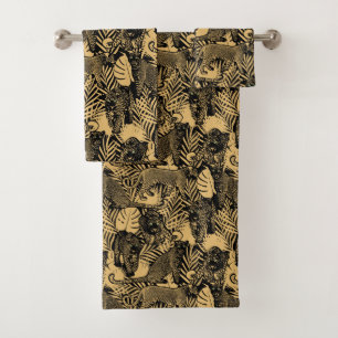 Exotic Panther / Leopard Black and Gold Bath Towel Set