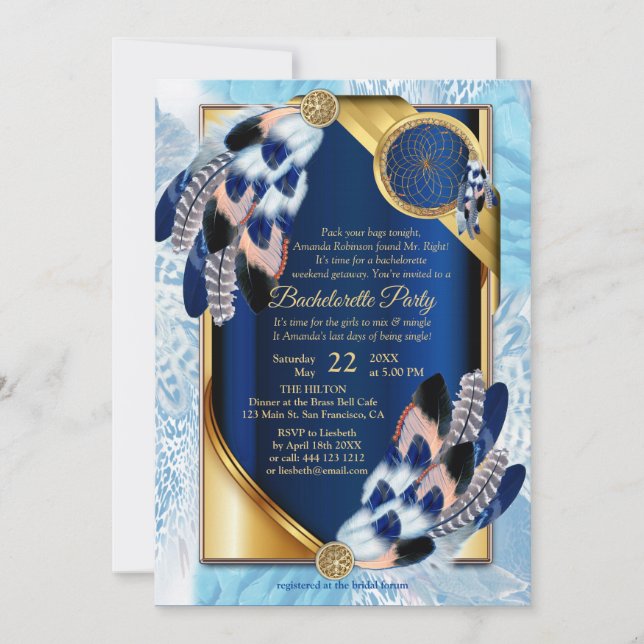 Exotic-Parrot Blue tone feathers Bachelorette Invitation (Front)