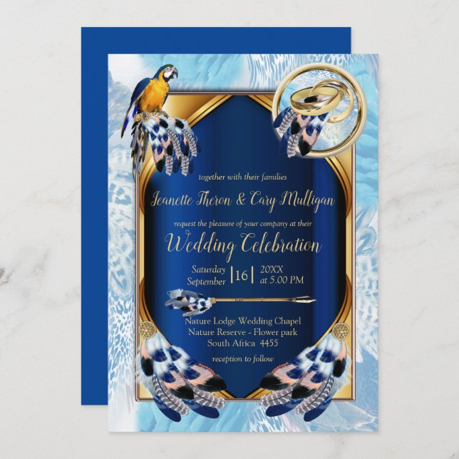 Exotic-Parrot Blue tone feathers Wedding Invitation (Front/Back)