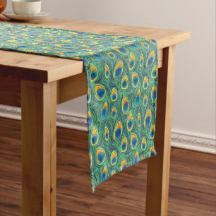 Exotic Peacock Feather Pattern Green Dining Short Table Runner