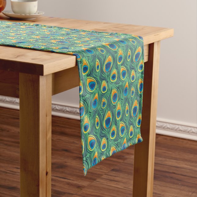 Exotic Peacock Feather Pattern Green Dining Short Table Runner (In Situ)