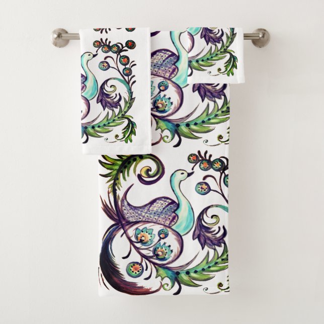 Exotic Peacock PurpleTurquoise Scroll Chinoiserie Bath Towel Set (Insitu)