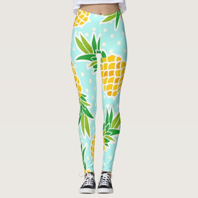 Exotic Pineapples: Blue Polka-Dot Fun. Leggings (Front)