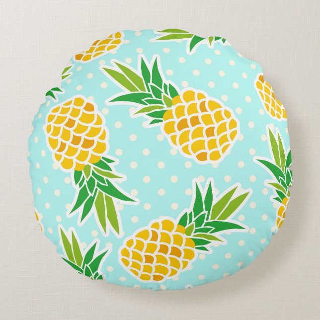 Exotic Pineapples: Blue Polka-Dot Fun. Round Cushion (Front)