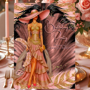 Exotic Pink Dress Gold Black Feather Birthday Invitation