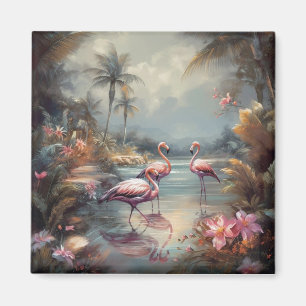 Exotic Pink Flamingo Antique Tropical Lagoon Magnet