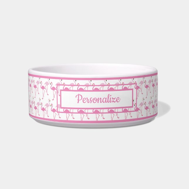 Exotic Pink Flamingo Pattern Personalised Cat Dog Bowl (Front)