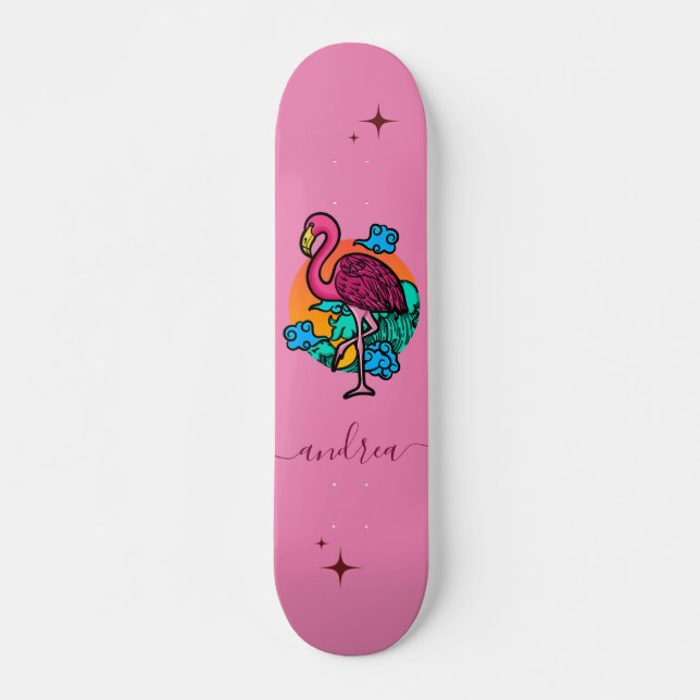 Exotic Pink Flamingo Summer Sparkle Name Tropical Skateboard (Front)