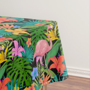 Exotic Pink Flamingo Tropical Flowers Foliage Tablecloth