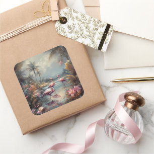 Exotic Pink Flamingo Tropical Lagoon Art Square Sticker